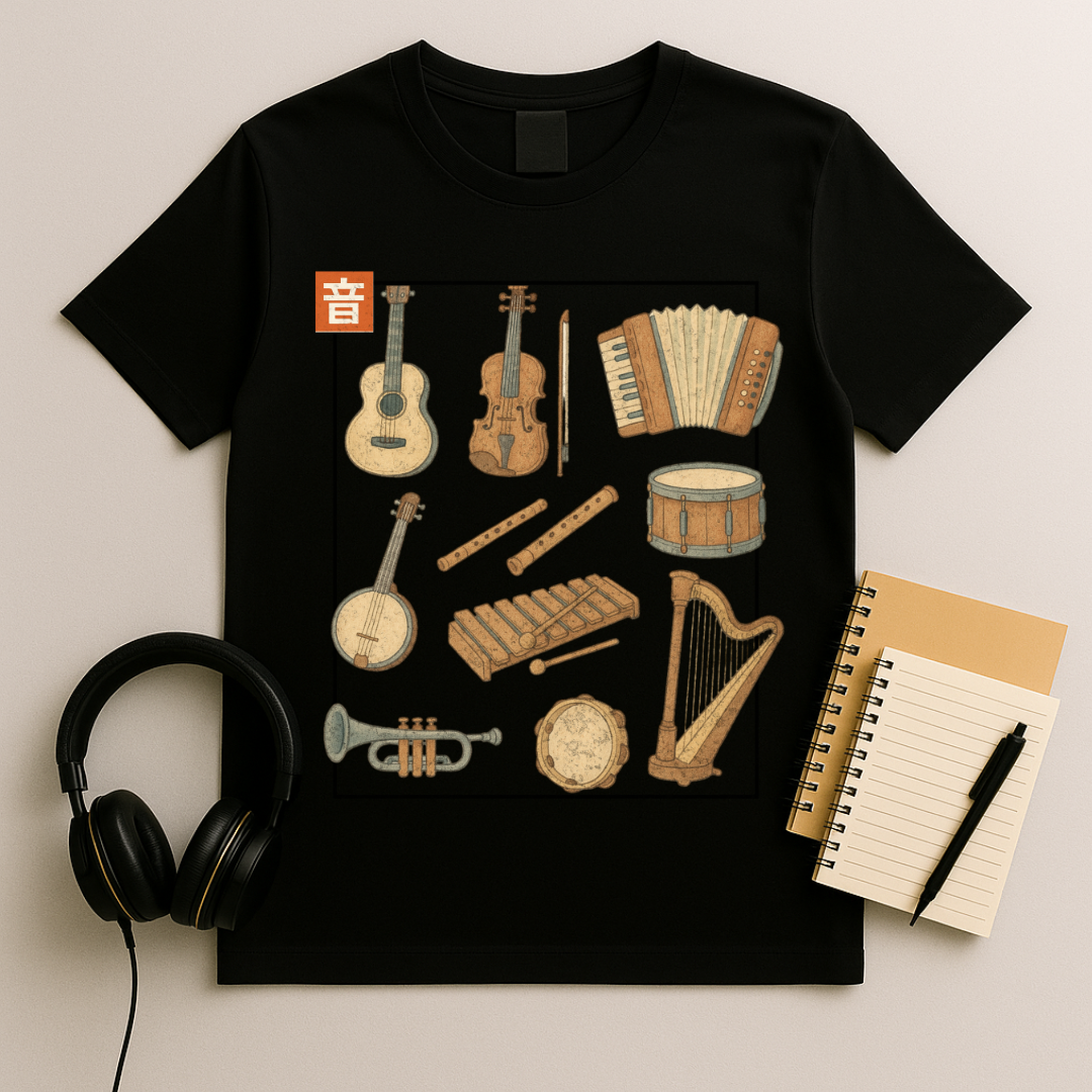 Whimsical Instrument Collage T-Shirt