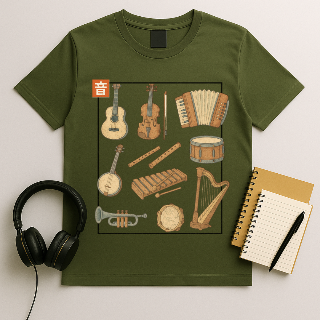 Whimsical Instrument Collage T-Shirt
