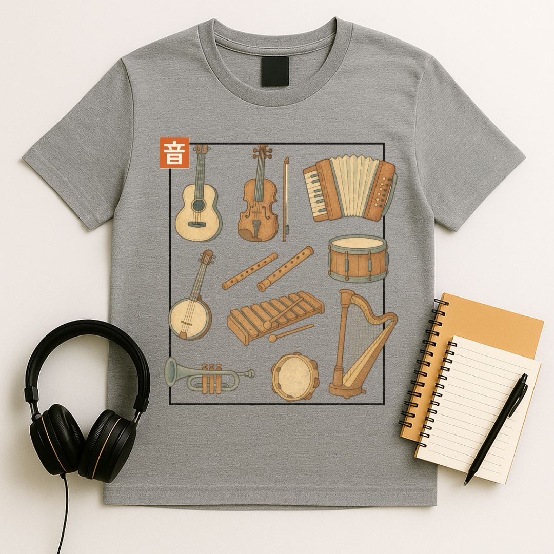 Whimsical Instrument Collage T-Shirt